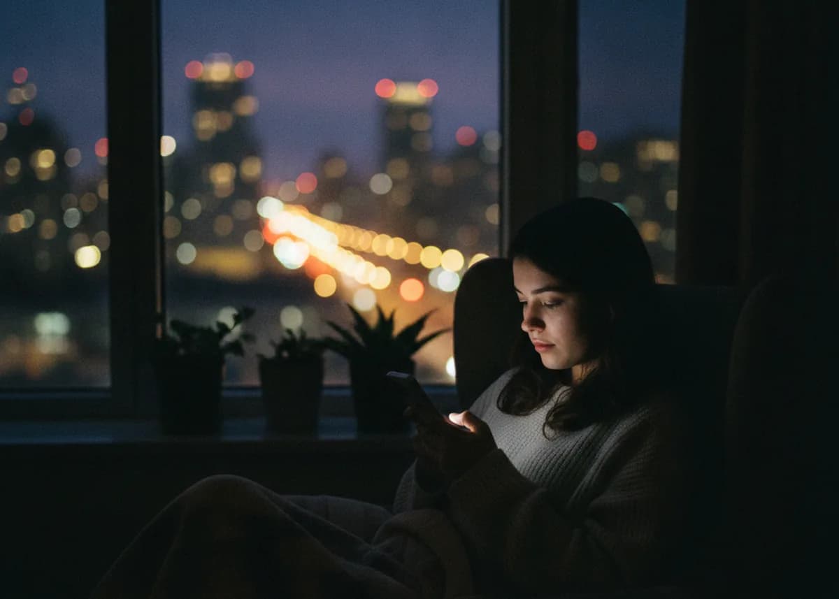 Woman looking at her phone by a window in the evening